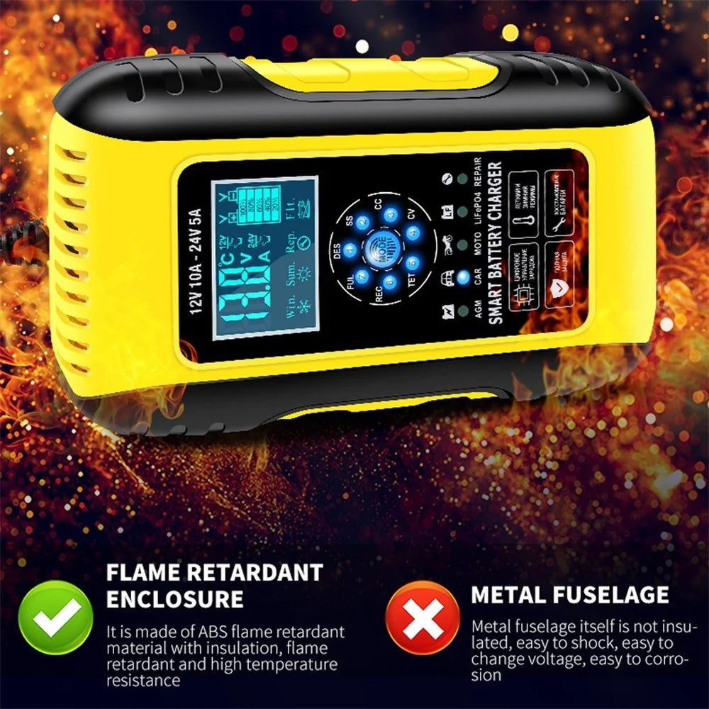 Fully-Automatic Smart Charger 12V/10A 24V/5A Battery MaintainerBattery Desulfator for Car Truck Motorcycle Lawn Mower Boat - US Plug/Yellow - 6