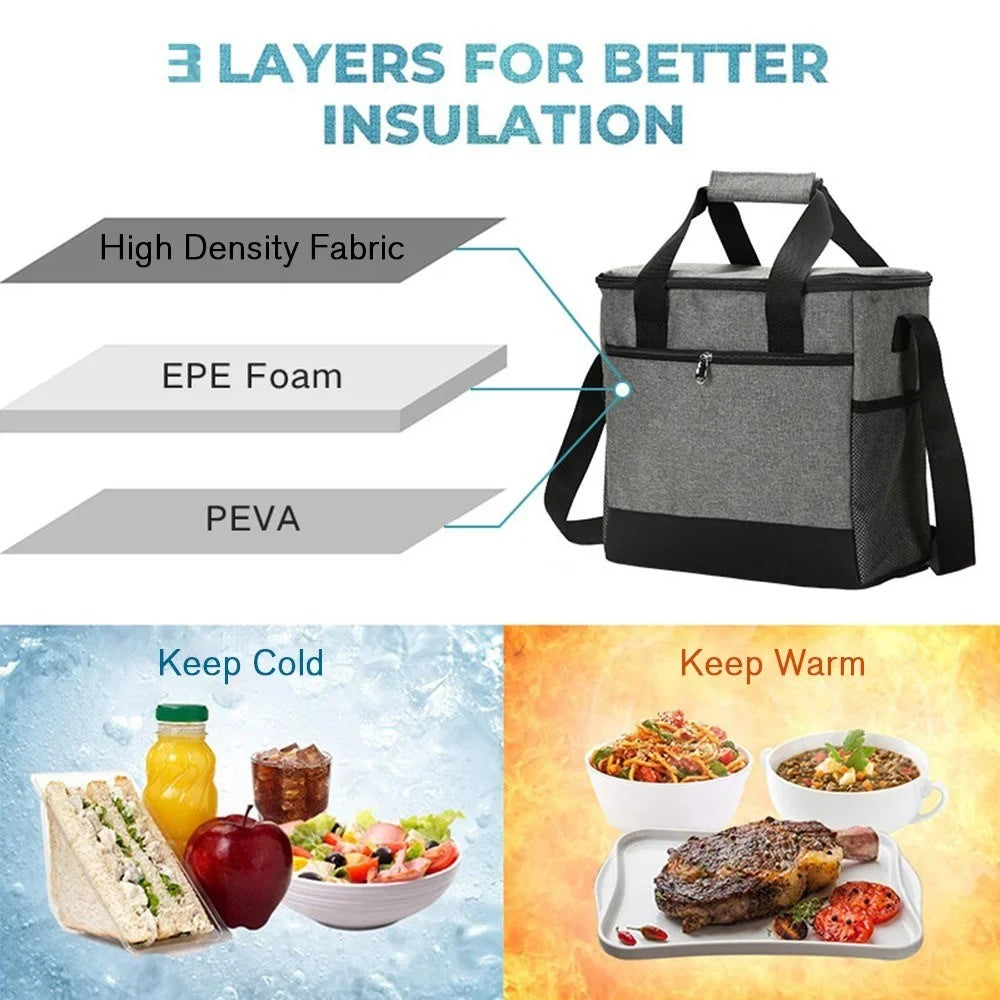 Portable Insulated Lunch Bag Reusable Lunch Box Container 15L Capacity with Top Carry Handle Shoulder Strap - Navy Blue - 6