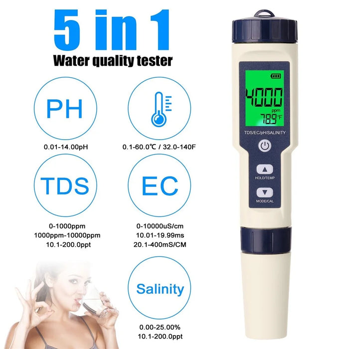 5 in 1 Professional Multi-parameter Testing Meter PH/EC/TDS/Salinity/Thermometer Digital Tester Water Quality Tester - 5
