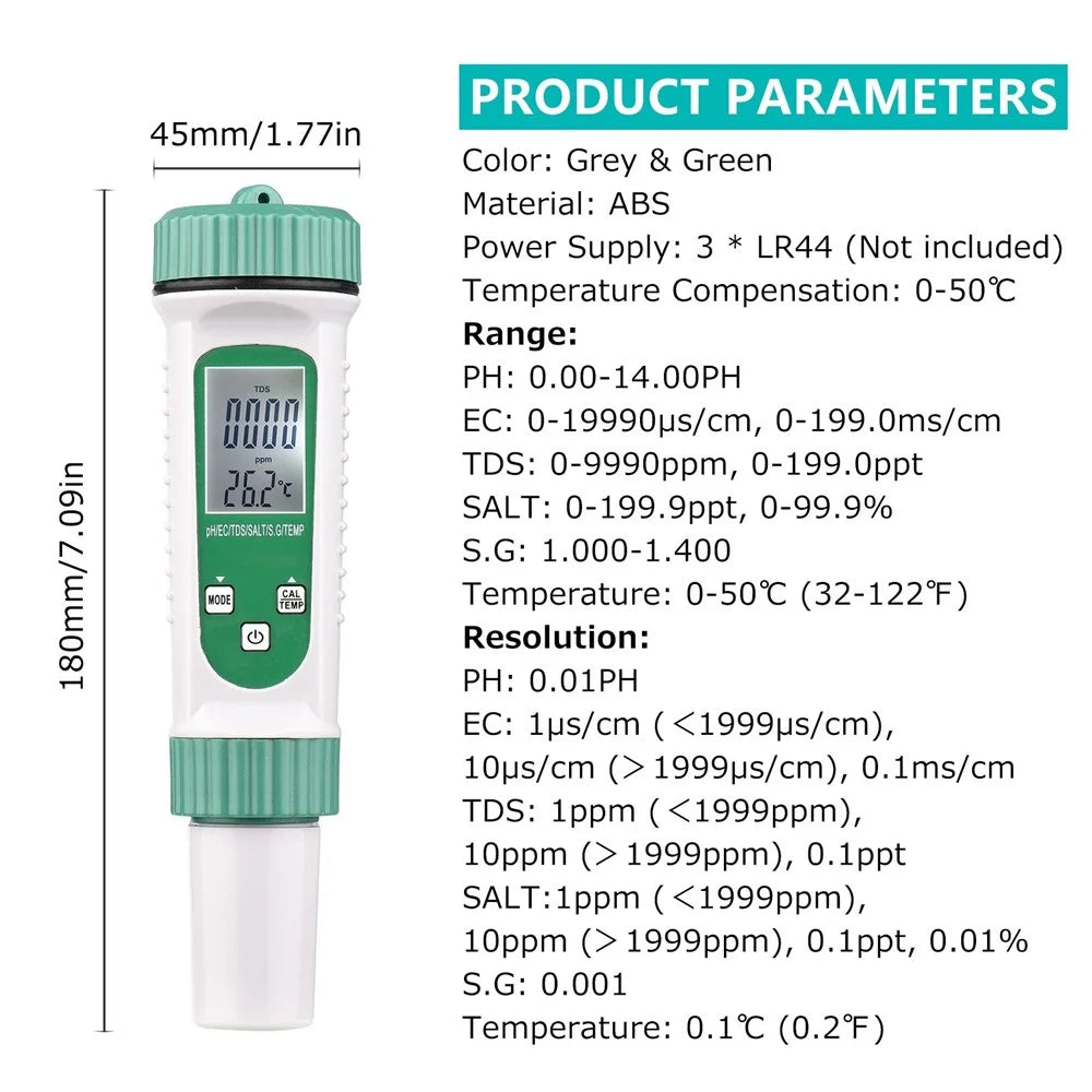 6 in 1 Digital Water Quality Tester PH/EC/TDS/SALT/S.G/Temperature Monitor Portable Testing Meter Analyzer for Drinking Water Aquarium Hydroponics Lab - 4