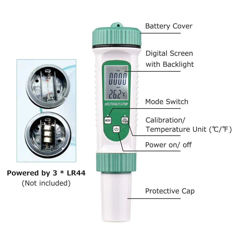 6 in 1 Digital Water Quality Tester PH/EC/TDS/SALT/S.G/Temperature Monitor Portable Testing Meter Analyzer for Drinking Water Aquarium Hydroponics Lab - 5