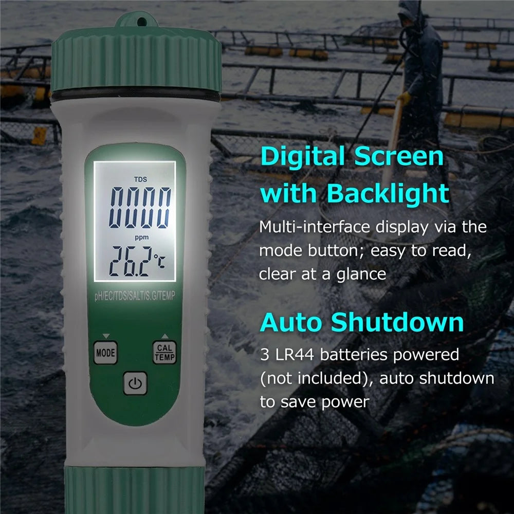 6 in 1 Digital Water Quality Tester PH/EC/TDS/SALT/S.G/Temperature Monitor Portable Testing Meter Analyzer for Drinking Water Aquarium Hydroponics Lab - 6