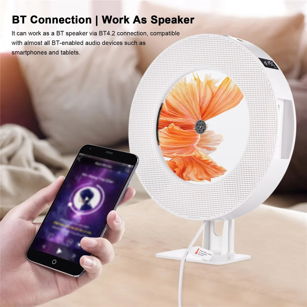 LED Display Wall Mountable CD Player Bluetooth-compatible Speaker with Remote Control FM Radio 3.5mm AUX Input TF Card U Disk Music Player Timing Function - White/EU Plug - 4