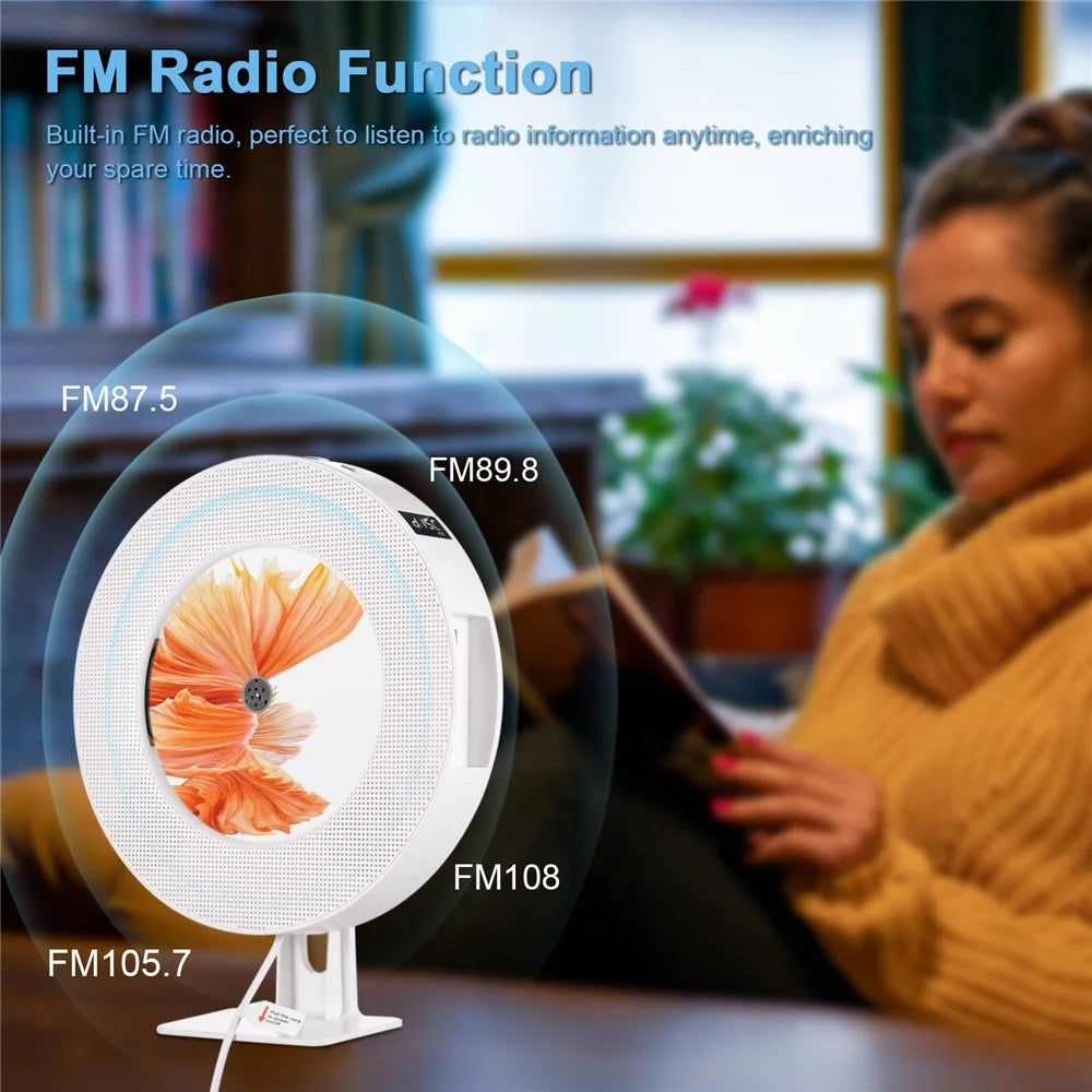 LED Display Wall Mountable CD Player Bluetooth-compatible Speaker with Remote Control FM Radio 3.5mm AUX Input TF Card U Disk Music Player Timing Function - White/EU Plug - 6