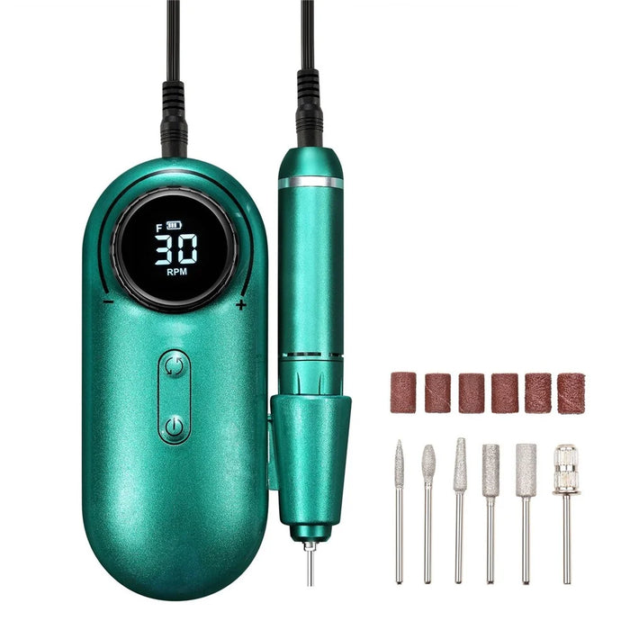 Electric Nail Drill Polish Kit 30000RPM Nail File Manicure Pedicure Tool with 6 Drill Bits Sanding Bands - Green - 1