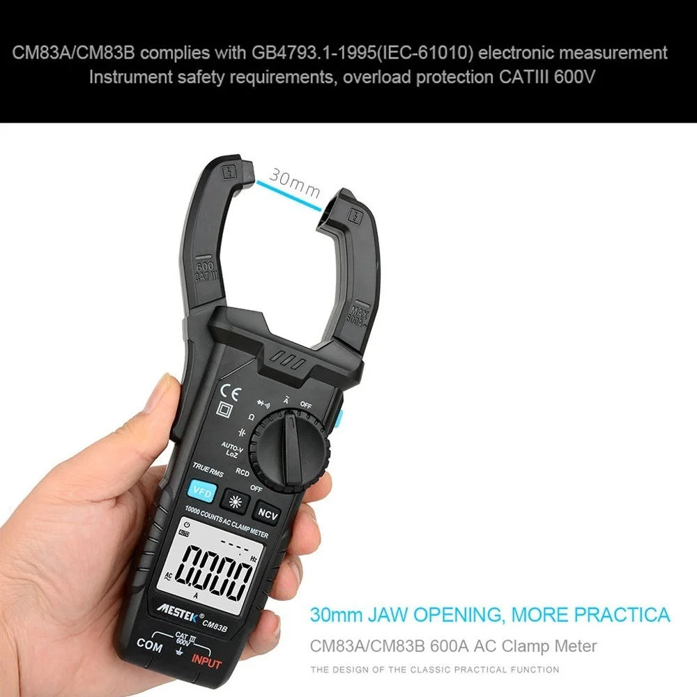 MESTEK Digital Clamp Meter 600A AC Current 600V AC/DC Voltage Capacitance Measurement Tester Multimeter Measurement Tool - CM83B Auto Range - 3