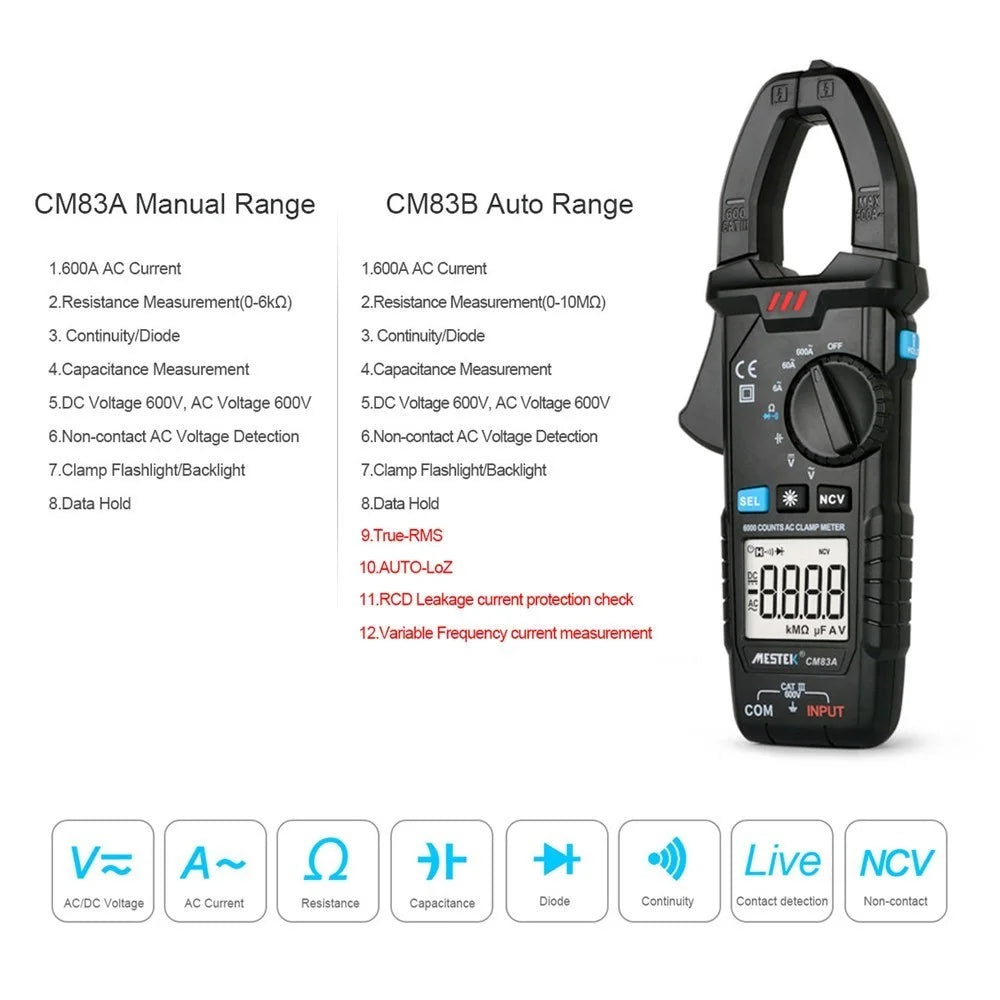 MESTEK Digital Clamp Meter 600A AC Current 600V AC/DC Voltage Capacitance Measurement Tester Multimeter Measurement Tool - CM83B Auto Range - 6