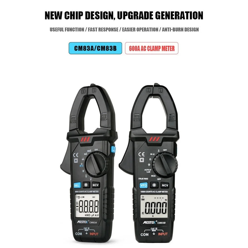 MESTEK Digital Clamp Meter 600A AC Current 600V AC/DC Voltage Capacitance Measurement Tester Multimeter Measurement Tool - CM83B Auto Range - 7