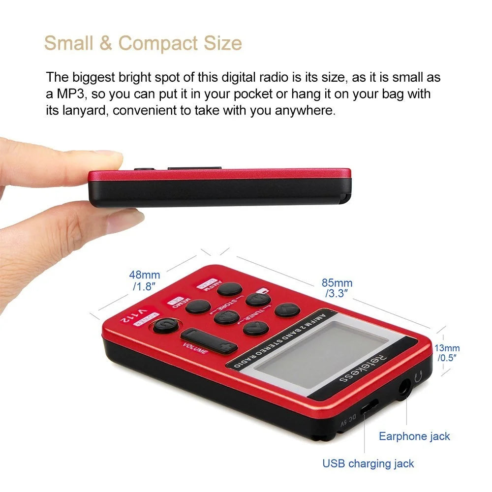 RETEKESS V-112 Portable AM/FM Stereo Radio Pocket 2 Band Digital Tuning Radio Mini Receiver Outdoor Radio with Earphone Lanyard LCD Display Screen - Red - 1