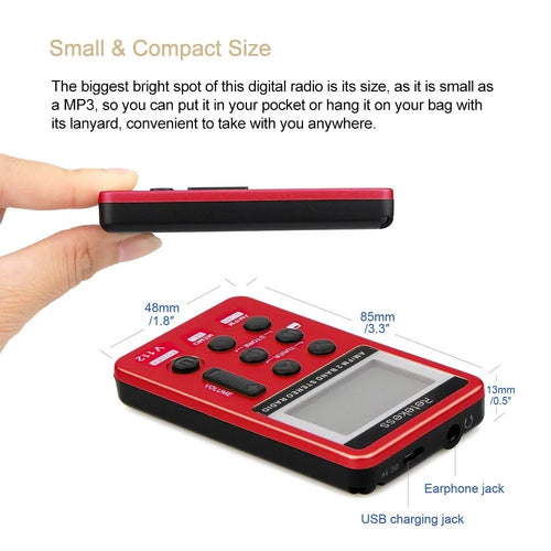RETEKESS V-112 Portable AM/FM Stereo Radio Pocket 2 Band Digital Tuning Radio Mini Receiver Outdoor Radio with Earphone Lanyard LCD Display Screen - Red - 1