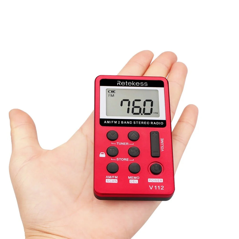 RETEKESS V-112 Portable AM/FM Stereo Radio Pocket 2 Band Digital Tuning Radio Mini Receiver Outdoor Radio with Earphone Lanyard LCD Display Screen - Red - 5
