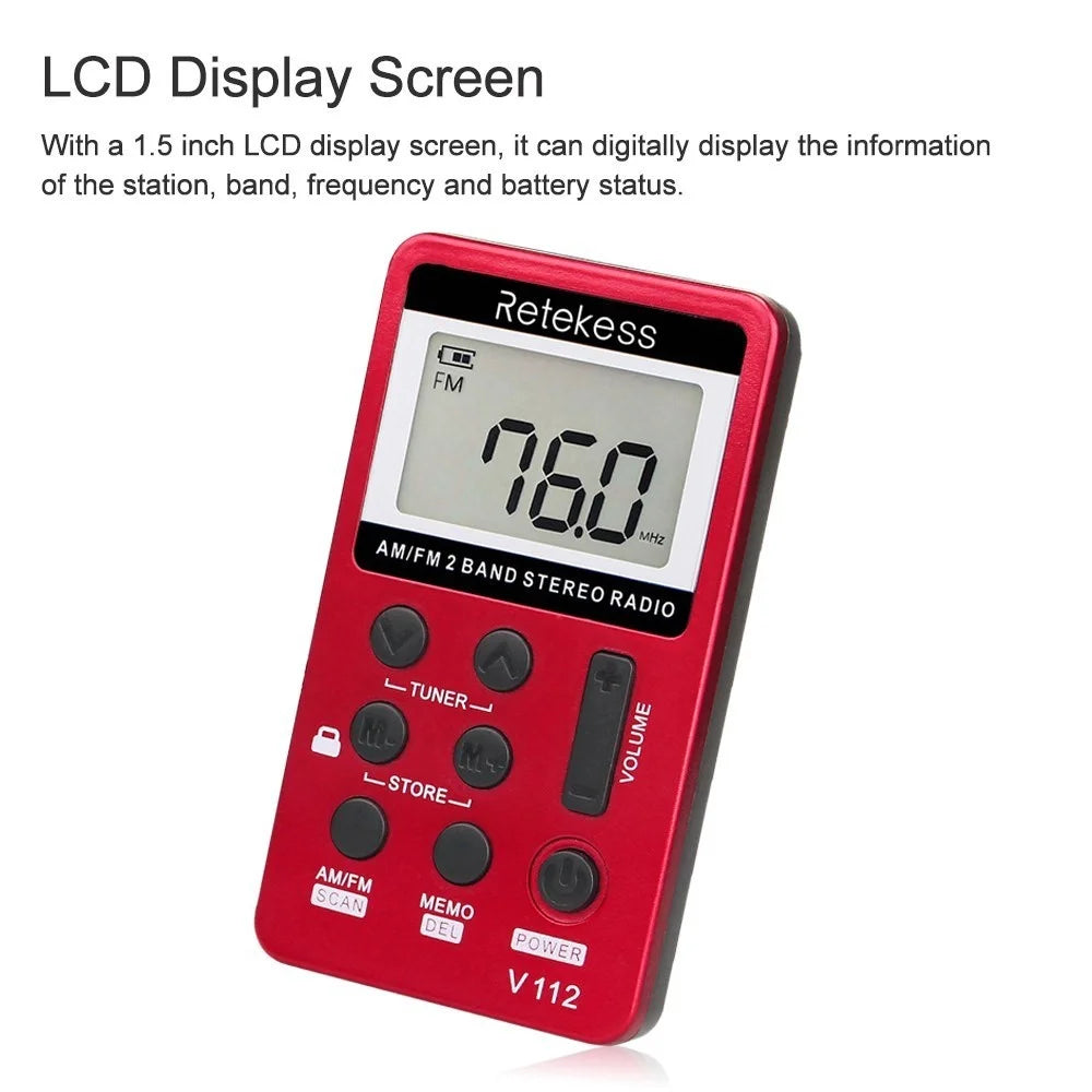RETEKESS V-112 Portable AM/FM Stereo Radio Pocket 2 Band Digital Tuning Radio Mini Receiver Outdoor Radio with Earphone Lanyard LCD Display Screen - Red - 6