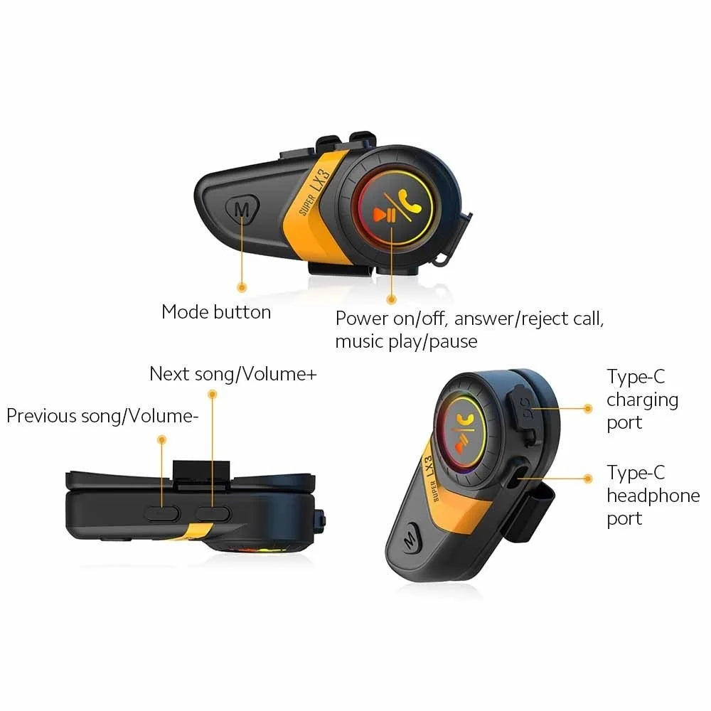 SUPER LX3 Bluetooth-compatible 5.0 Headset Motorcycle Motorbike Helmet Intercom Interphone for Riding Skiing Snowmobile Scooter - Orange - 5