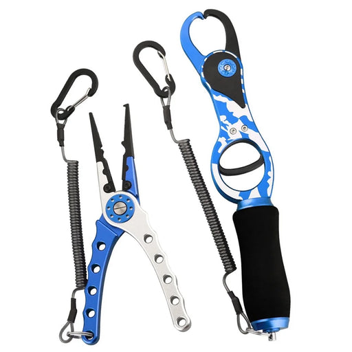 Fishing Pliers Lip Gripper Set Aluminum Alloy Fish Holder Fishing Scissors with Lanyards - Blue - 1