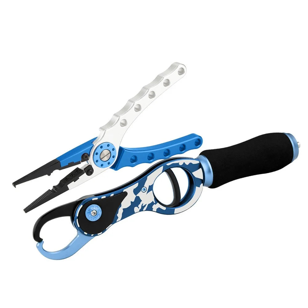 Fishing Pliers Lip Gripper Set Aluminum Alloy Fish Holder Fishing Scissors with Lanyards - Blue - 3