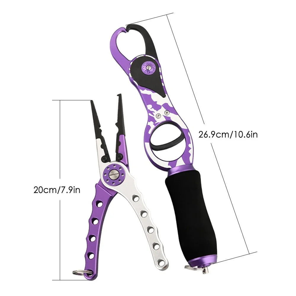 Fishing Pliers Lip Gripper Set Aluminum Alloy Fish Holder Fishing Scissors with Lanyards - Blue - 6