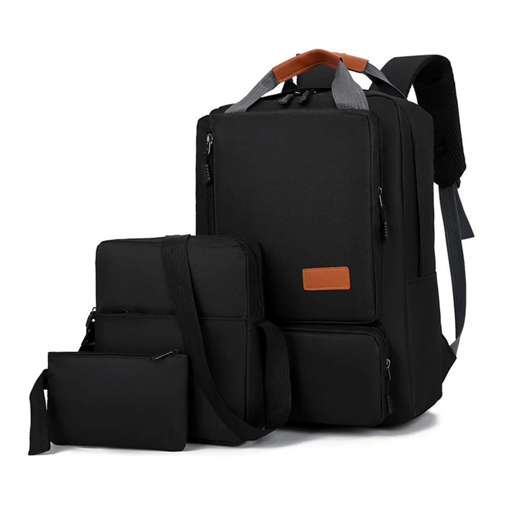 3Pcs Backpack Set Women Men 14.5-inch Laptop Backpack Shoulder Bag Small Pocket for Travel School Work - Black - 1