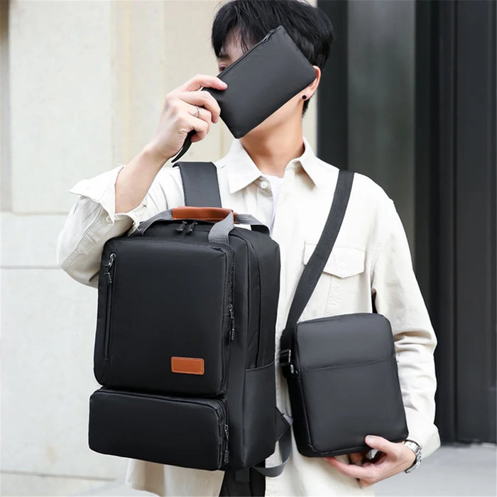 3Pcs Backpack Set Women Men 14.5-inch Laptop Backpack Shoulder Bag Small Pocket for Travel School Work - Black - 3