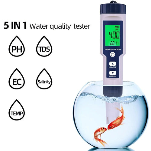 Water Quality Tester 5-in-1 Multi-Parameter Water Testing Meter IP67 Digital LCD Water Quality Monitor PH/TDS/EC/Temperature/Salinity Analyzer Detector - 1