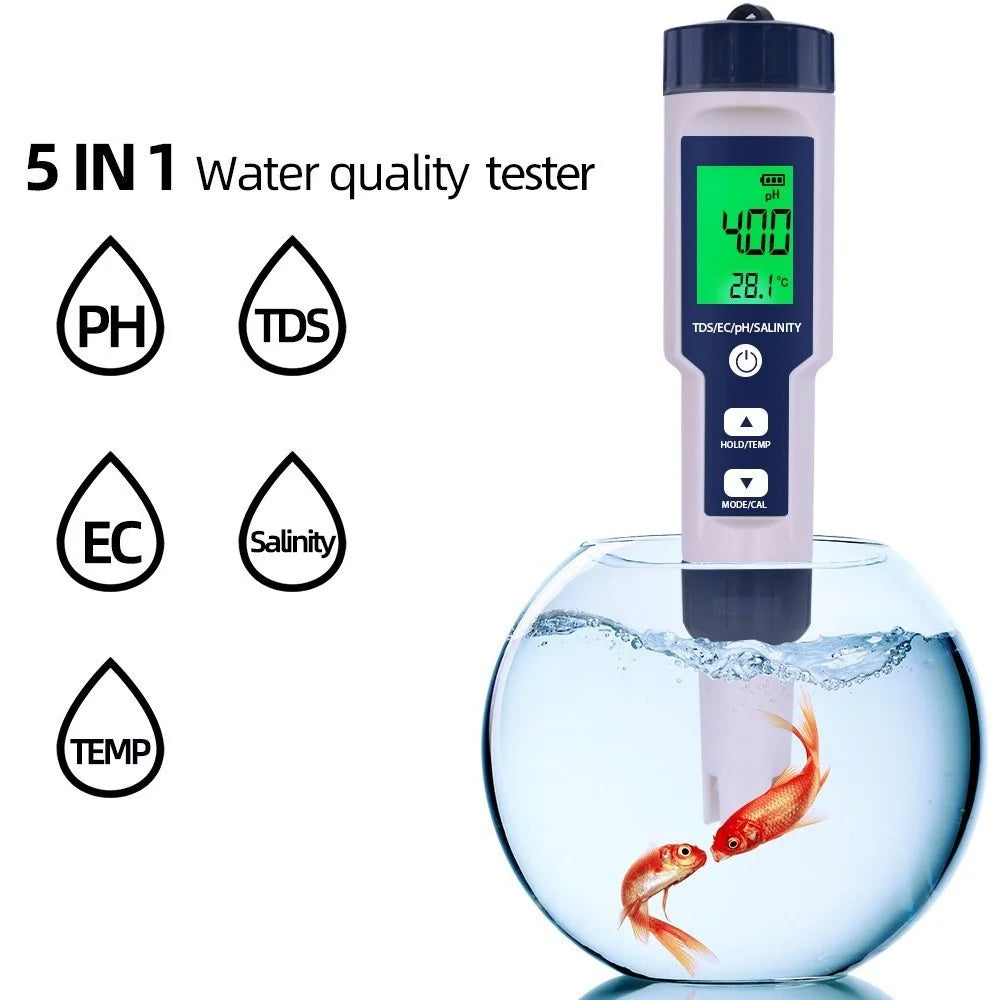 Water Quality Tester 5-in-1 Multi-Parameter Water Testing Meter IP67 Digital LCD Water Quality Monitor PH/TDS/EC/Temperature/Salinity Analyzer Detector - 1