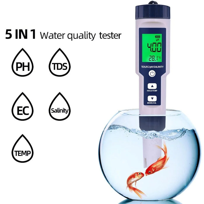 Water Quality Tester 5-in-1 Multi-Parameter Water Testing Meter IP67 Digital LCD Water Quality Monitor PH/TDS/EC/Temperature/Salinity Analyzer Detector - 1