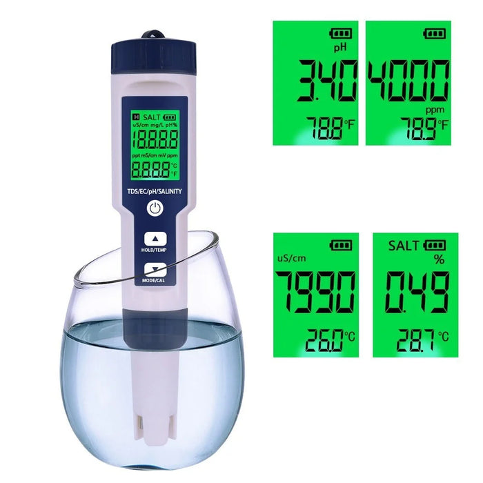 Water Quality Tester 5-in-1 Multi-Parameter Water Testing Meter IP67 Digital LCD Water Quality Monitor PH/TDS/EC/Temperature/Salinity Analyzer Detector - 2