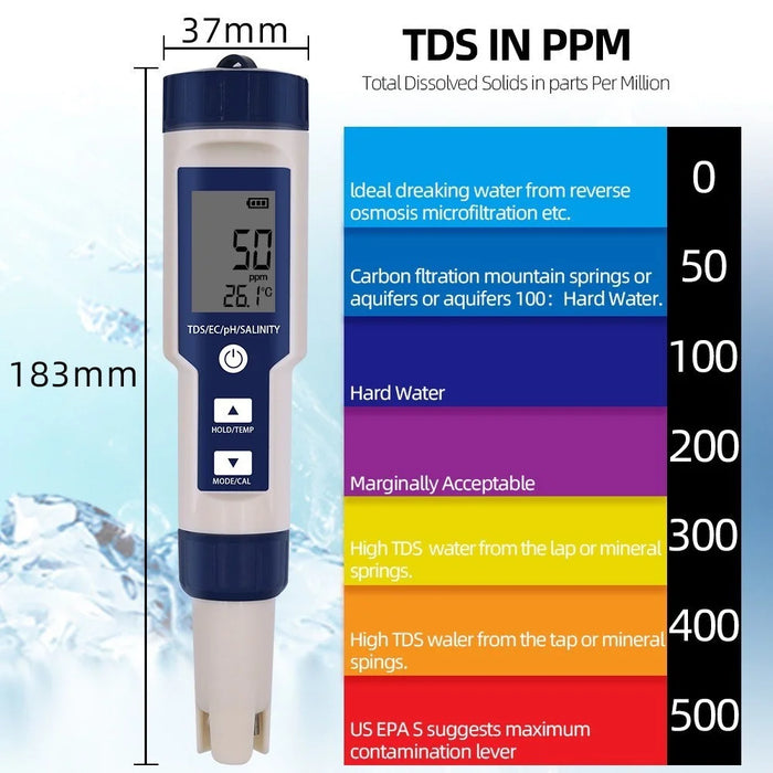 Water Quality Tester 5-in-1 Multi-Parameter Water Testing Meter IP67 Digital LCD Water Quality Monitor PH/TDS/EC/Temperature/Salinity Analyzer Detector - 5