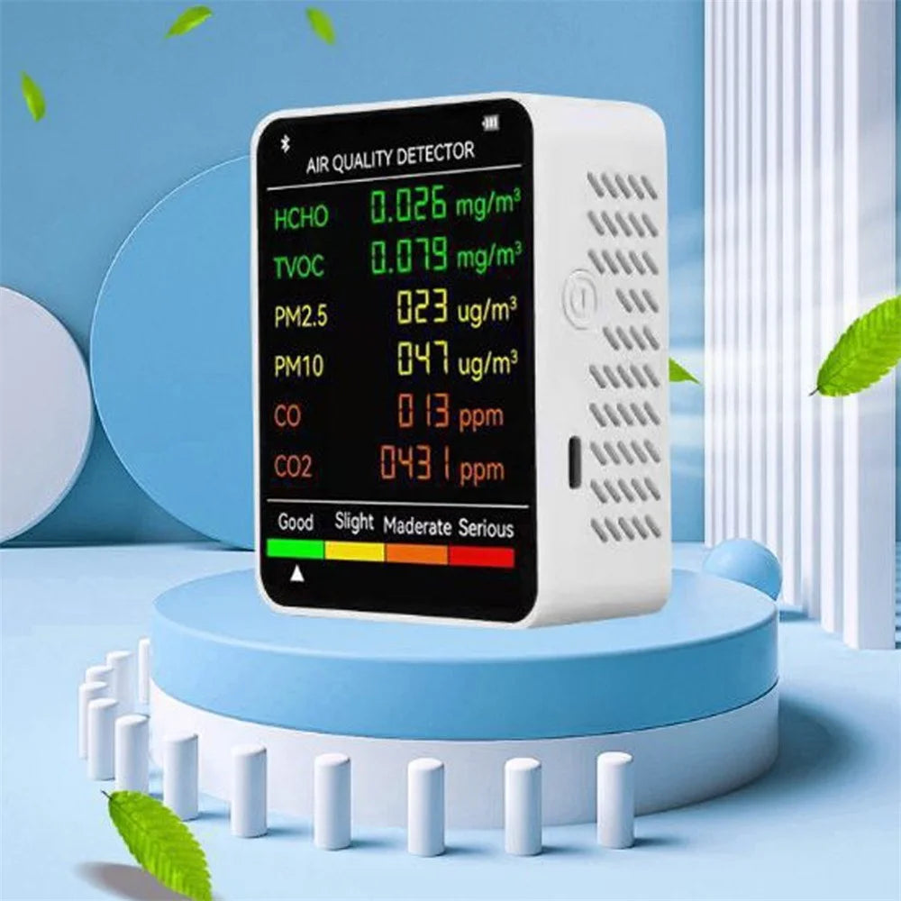 6 In 1 PM2.5 PM10 HCHO TVOC CO CO2 Multifunctional Air Quality Detector LCD Screen Display Air Quality Tester - Black - 6