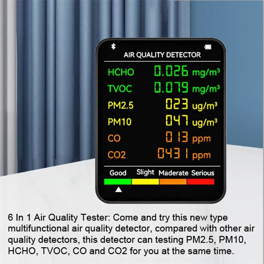 6 In 1 PM2.5 PM10 HCHO TVOC CO CO2 Multifunctional Air Quality Detector LCD Screen Display Air Quality Tester - Black - 7