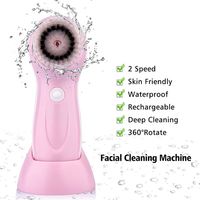 360 Degree Facial Cleansing Brush 2 Speed Levels Waterproof Face Cleaning Brush with Replacement 3 Brush Heads - Pink - 2