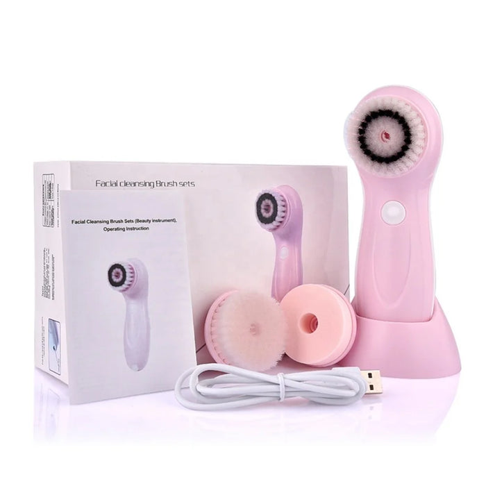 360 Degree Facial Cleansing Brush 2 Speed Levels Waterproof Face Cleaning Brush with Replacement 3 Brush Heads - Pink - 4