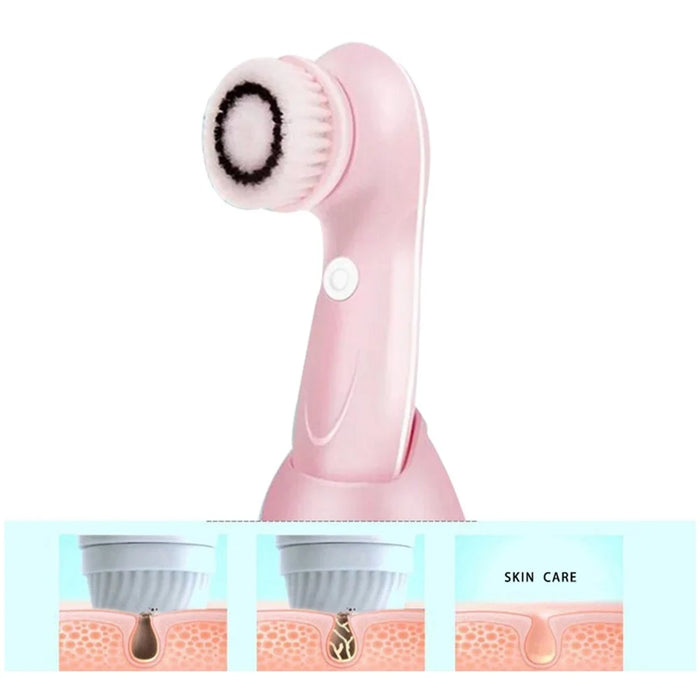 360 Degree Facial Cleansing Brush 2 Speed Levels Waterproof Face Cleaning Brush with Replacement 3 Brush Heads - Pink - 7
