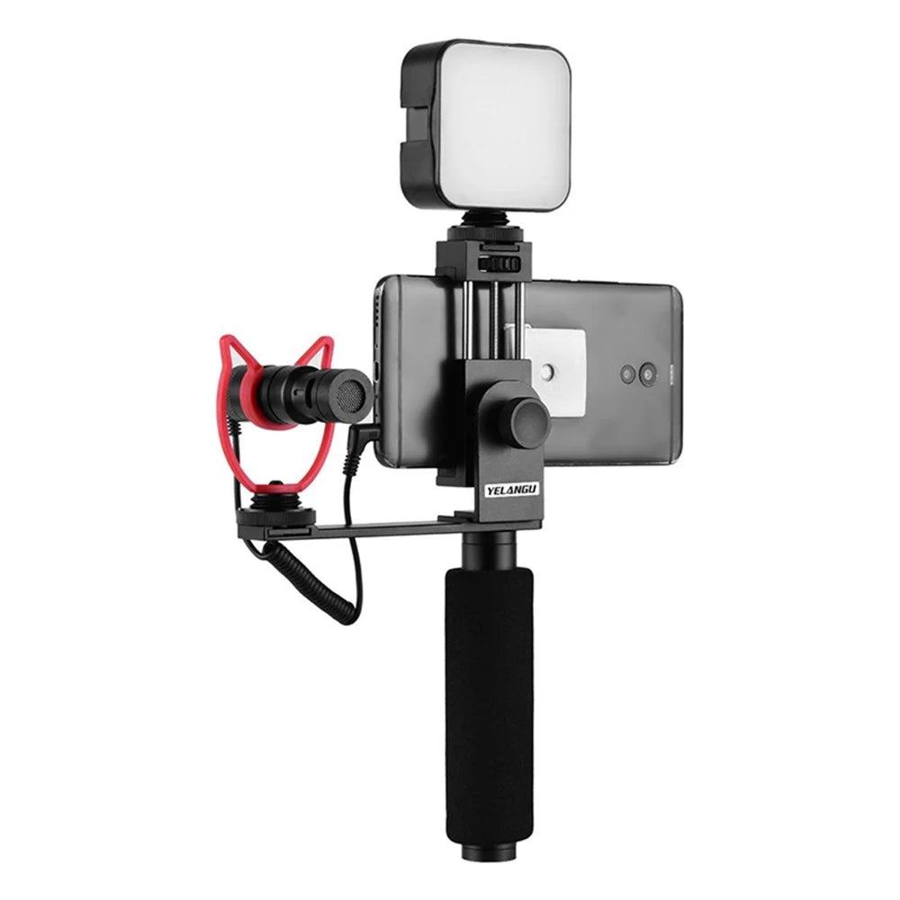 YELANGU Smartphone Hand Grip Stabilizer Handheld Vlogging Holder Mount 40mm-85mm Width with Microphone and Mini LED Light - 1