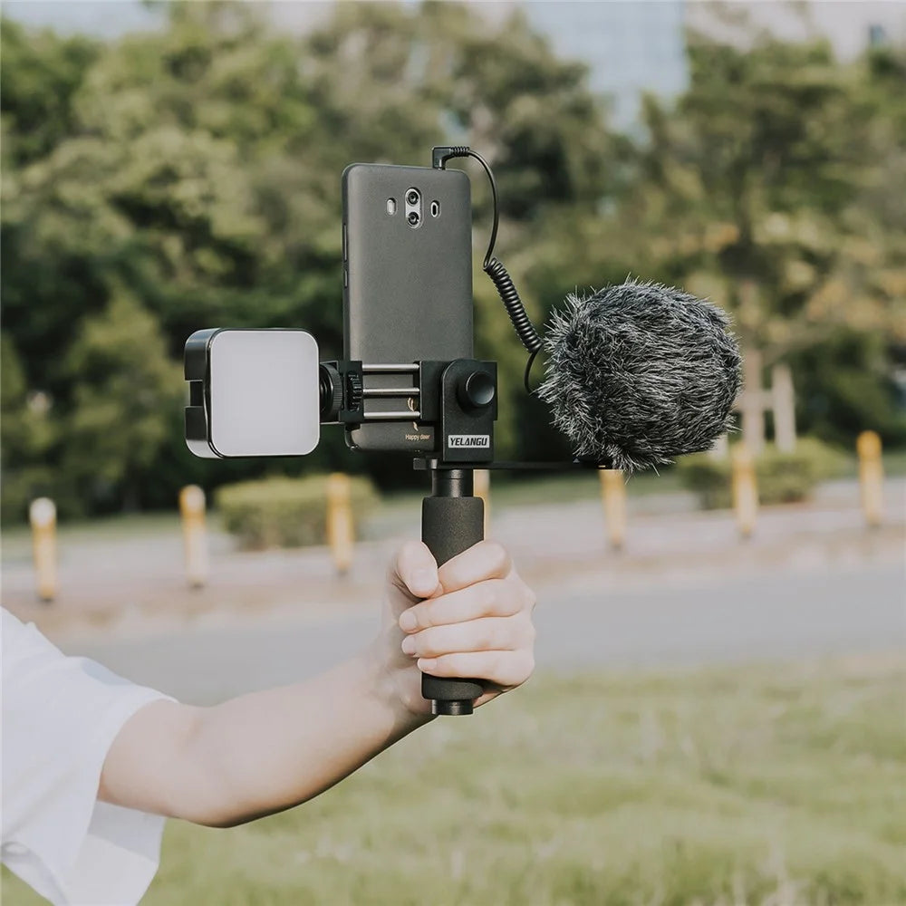 YELANGU Smartphone Hand Grip Stabilizer Handheld Vlogging Holder Mount 40mm-85mm Width with Microphone and Mini LED Light - 3