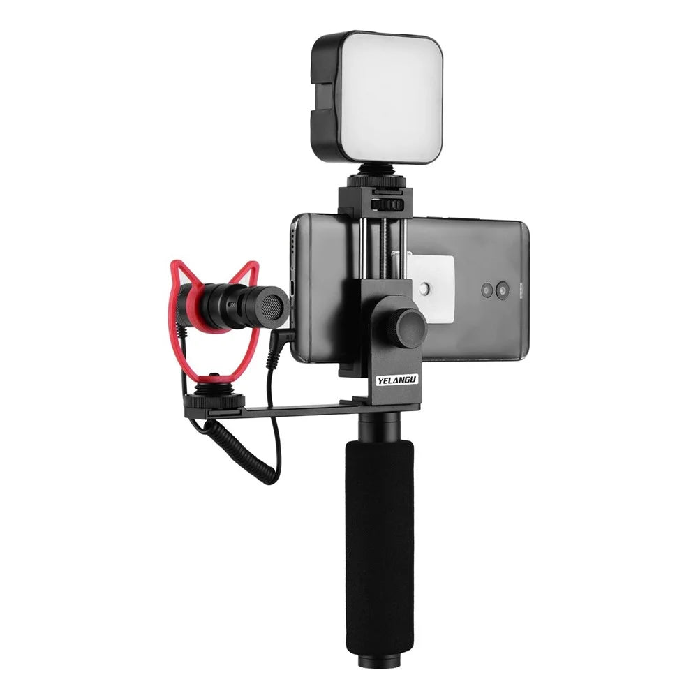 YELANGU Smartphone Hand Grip Stabilizer Handheld Vlogging Holder Mount 40mm-85mm Width with Microphone and Mini LED Light - 4
