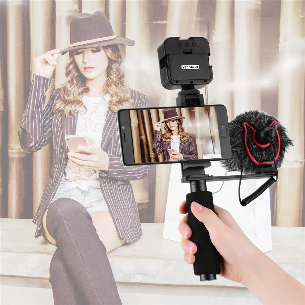 YELANGU Smartphone Hand Grip Stabilizer Handheld Vlogging Holder Mount 40mm-85mm Width with Microphone and Mini LED Light - 5