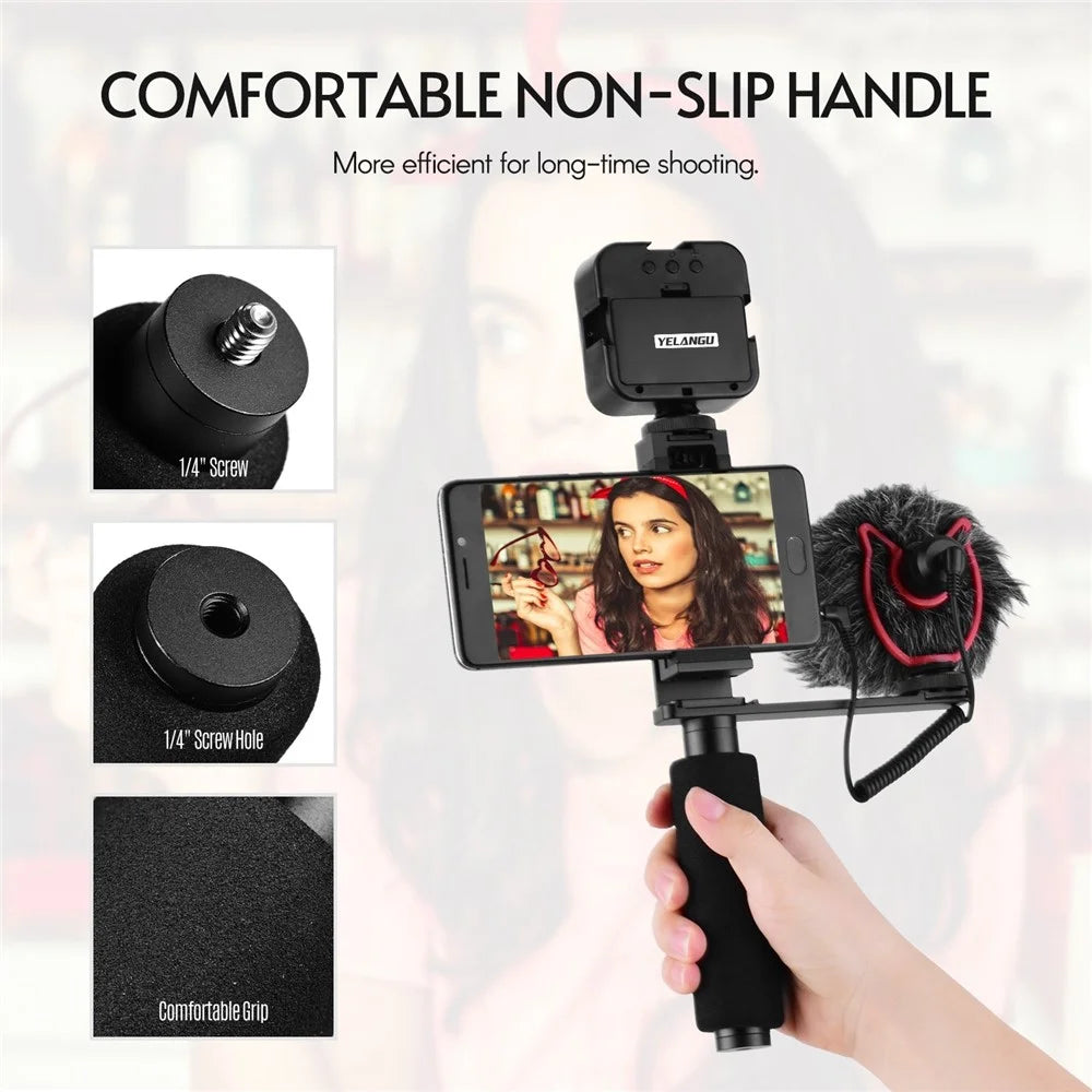 YELANGU Smartphone Hand Grip Stabilizer Handheld Vlogging Holder Mount 40mm-85mm Width with Microphone and Mini LED Light - 6