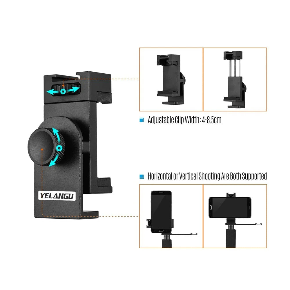 YELANGU Smartphone Hand Grip Stabilizer Handheld Vlogging Holder Mount 40mm-85mm Width with Microphone and Mini LED Light - 7