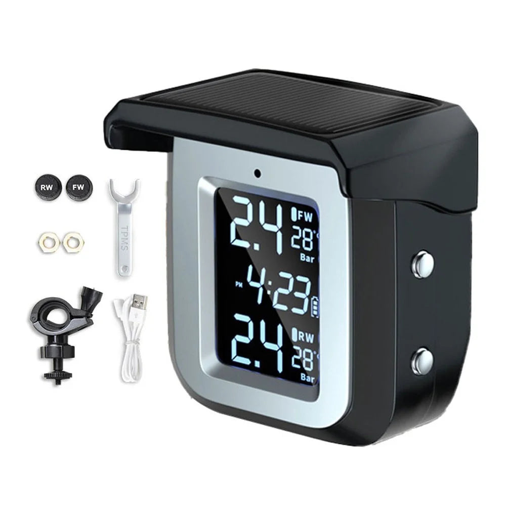 TPMS Solar Wireless Motorcycle Tire Pressure Detector IP68 Waterproof Real-time Monitor Monitoring System with 2 External Sensors - 1
