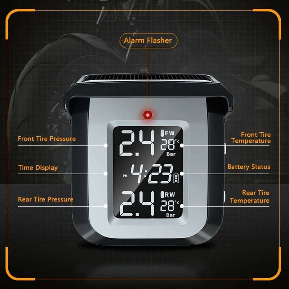 TPMS Solar Wireless Motorcycle Tire Pressure Detector IP68 Waterproof Real-time Monitor Monitoring System with 2 External Sensors - 6
