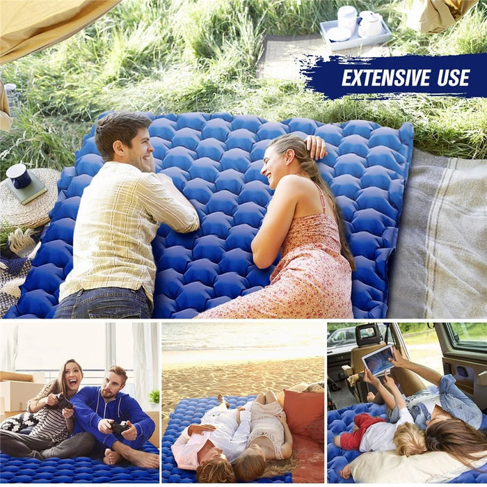 Portable 2 Person Camping Mat Air Mattress with Air Pillow Built-in Foot Pump Backpacking Sleeping Pad - Dark Blue - 2