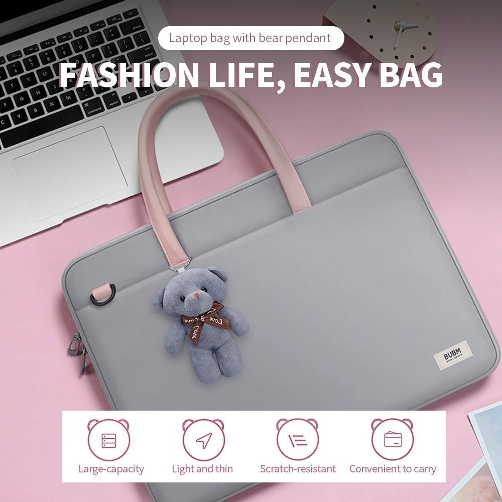 BUBM 14-inch Laptop Bag with Bear Pendant Scratch-resistant Durable Portable Notebook Carrying Bag - Grey - 7
