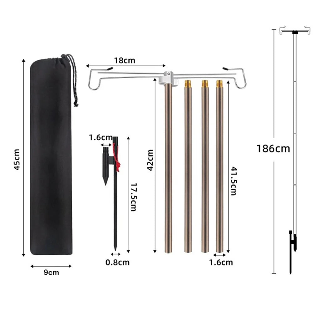 Portable Folding Aluminum Alloy Lamp Pole Adjustable Lantern Holder Rod with Storage Bag for Camping Hiking Fishing Backpacking - Black - 2