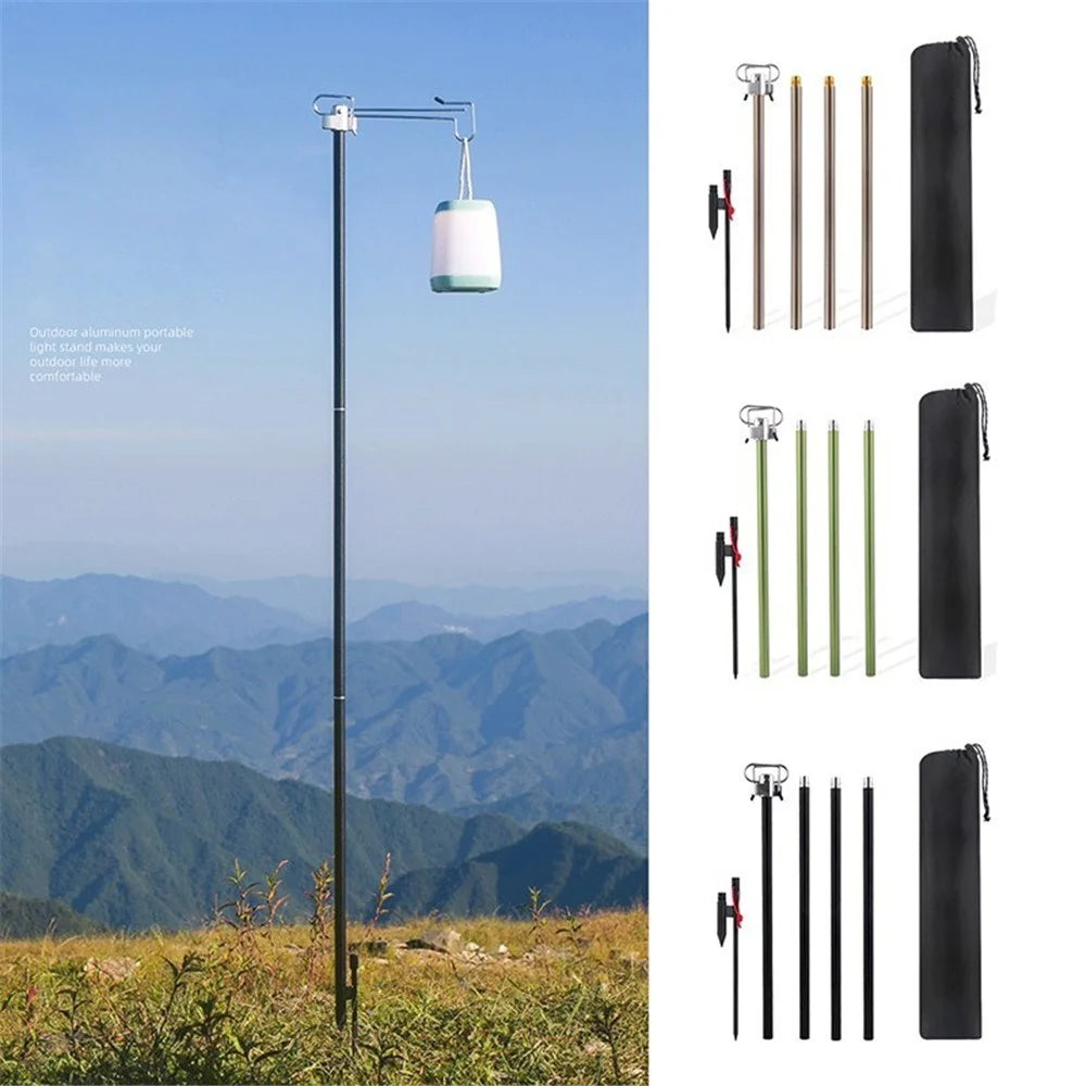 Portable Folding Aluminum Alloy Lamp Pole Adjustable Lantern Holder Rod with Storage Bag for Camping Hiking Fishing Backpacking - Black - 5
