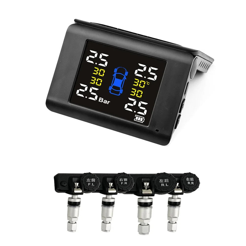 LCD High Precision Large Display Solar Wireless Tire Pressure Monitor TPMS Tire Pressure Detector Car Tyre Monitoring System with 4 Internal Sensors - 1