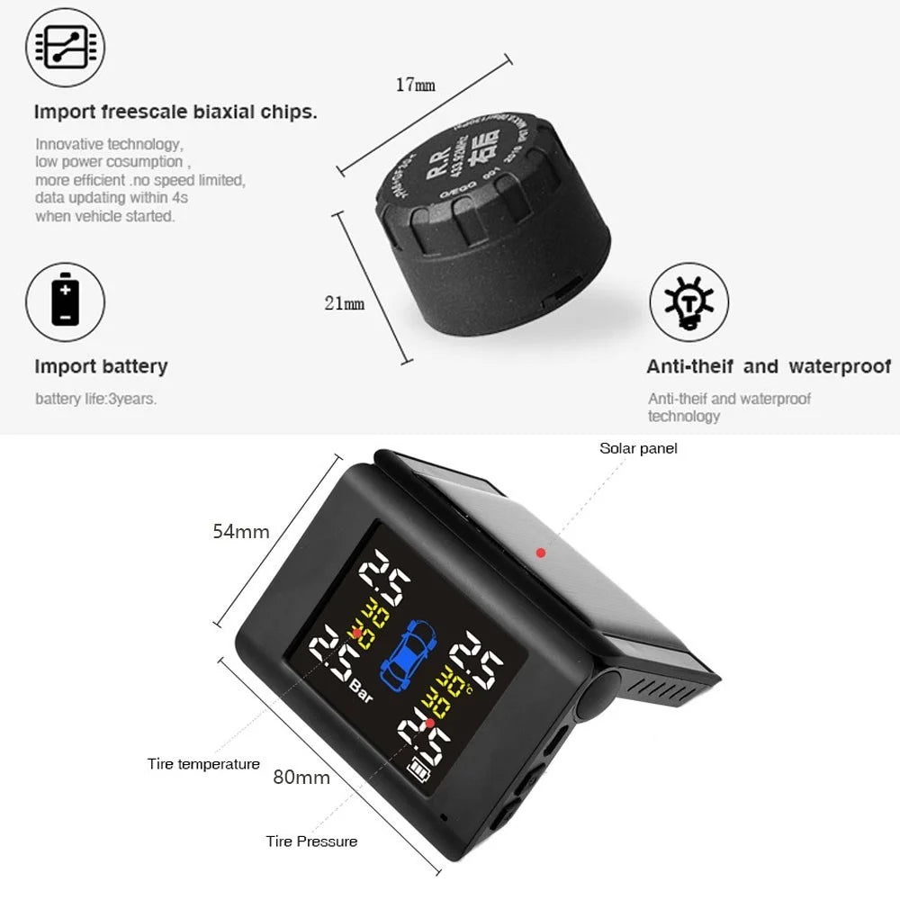 LCD High Precision Large Display Solar Wireless Tire Pressure Monitor TPMS Tire Pressure Detector Car Tyre Monitoring System with 4 Internal Sensors - 3