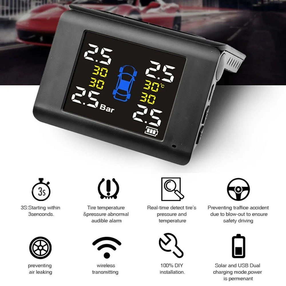 LCD High Precision Large Display Solar Wireless Tire Pressure Monitor TPMS Tire Pressure Detector Car Tyre Monitoring System with 4 Internal Sensors - 7