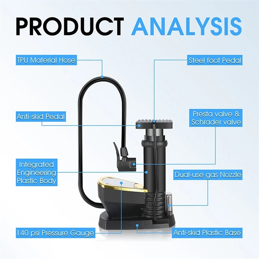 WEST BIKING Bike Pump Foot Bicycle Tire Pump High Pressure 140PSI Fast Inflation Air Pump Inflator with Barometer for Road Mountain Bike Balls - Black - 6