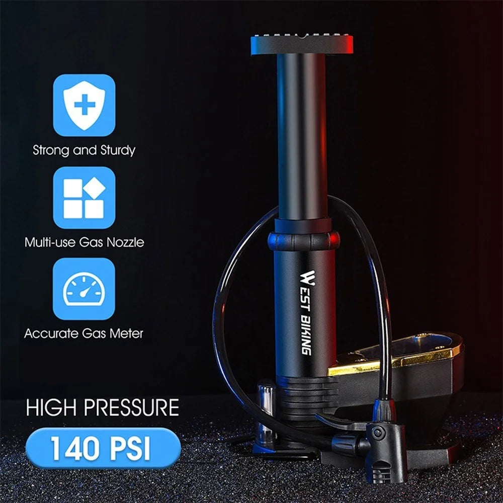 WEST BIKING Bike Pump Foot Bicycle Tire Pump High Pressure 140PSI Fast Inflation Air Pump Inflator with Barometer for Road Mountain Bike Balls - Black - 7