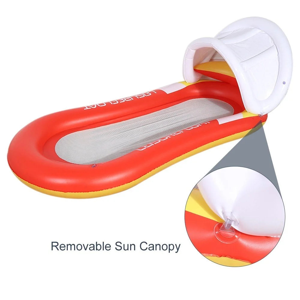 Inflatable PVC Pool Float with Canopy Swimming Pool Lounger Chair Water Floating Hammock Raft - Red - 2